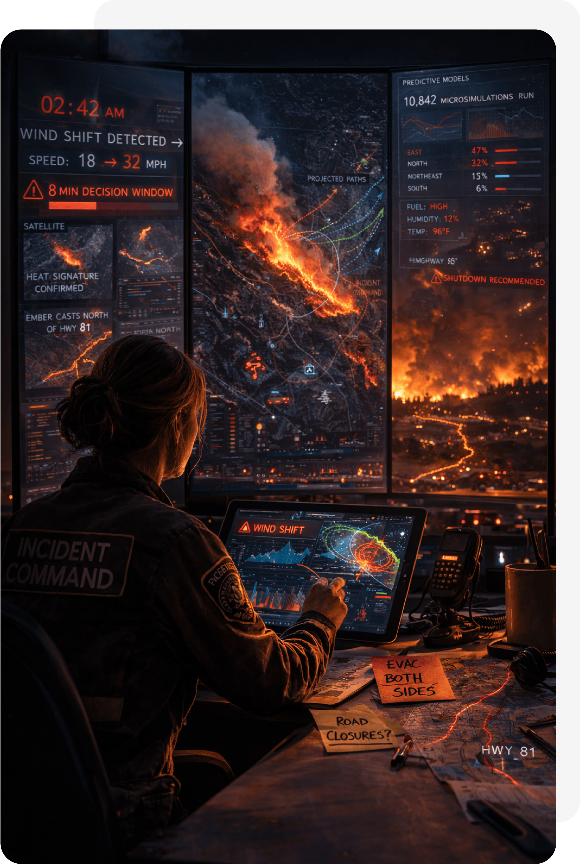 An incident commander uses predictive dashboards and simulation data to track a rapidly spreading wildfire, with projected fire paths and evacuation alerts illuminated on towering digital screens.